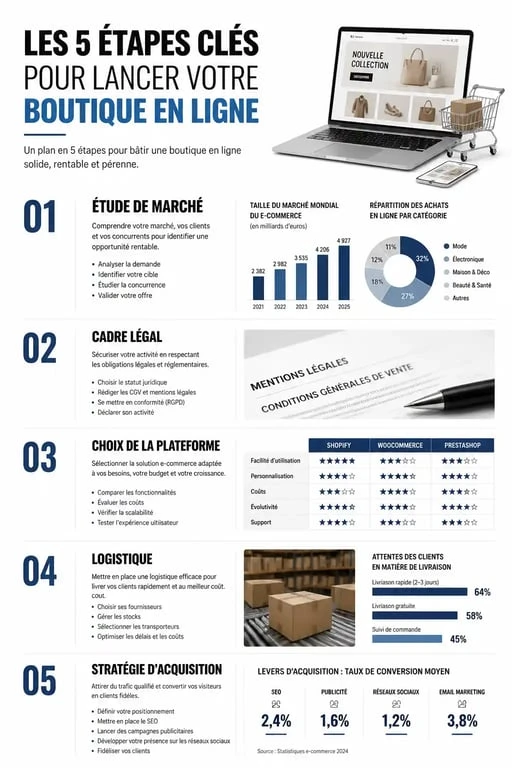 Étapes clés pour lancer son e-commerce : guide visuel de l'étude de marché à l'acquisition de trafic