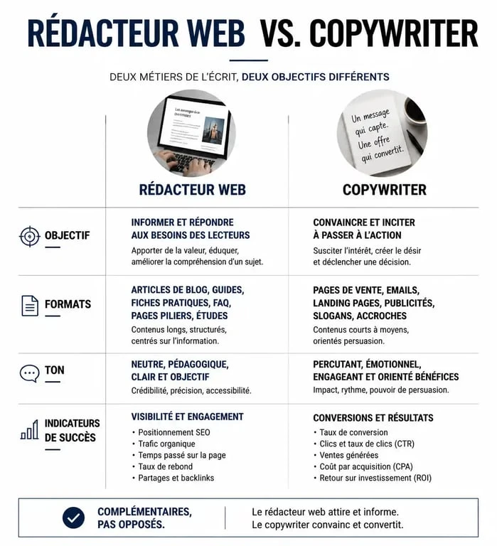 Infographie comparative des différences entre le métier de copywriter et de rédacteur web