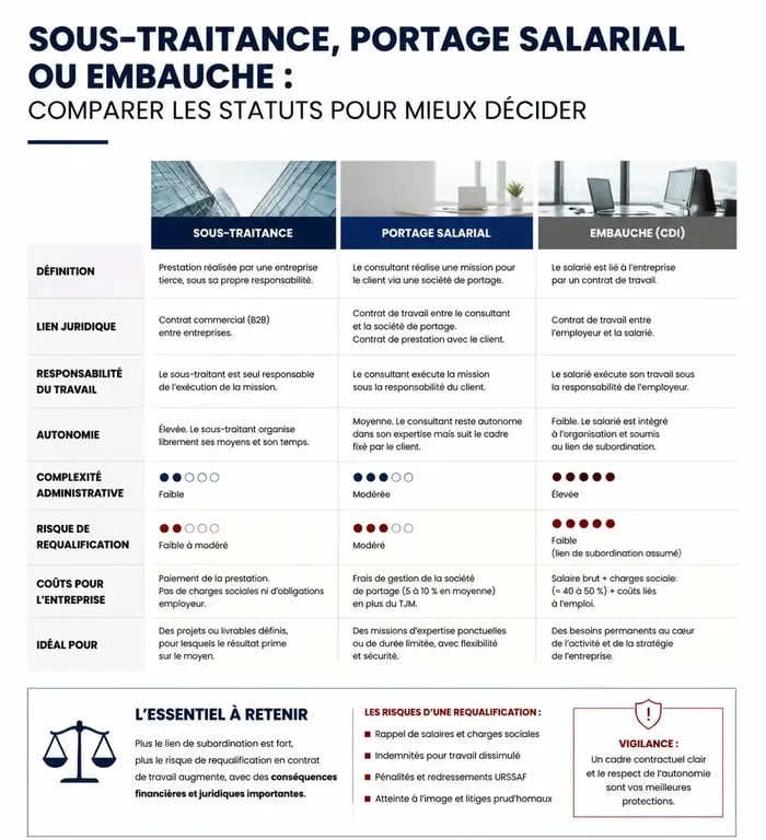 Infographie comparative : sous-traitance auto-entrepreneur, portage salarial et embauche