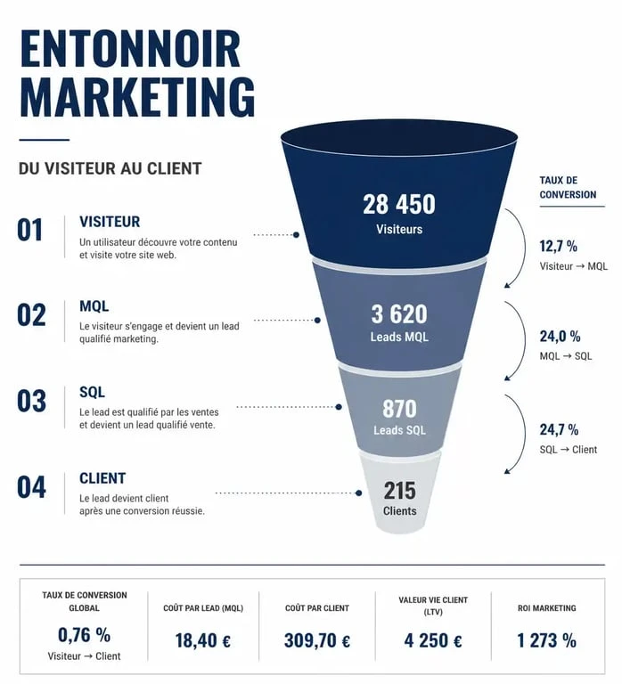 Infographie du tunnel de conversion en lead acquisition marketing montrant le parcours du visiteur au client