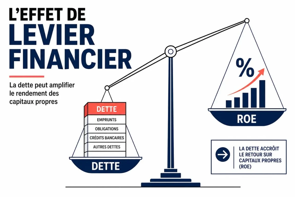 Schéma explicatif de l'effet de levier financier et son impact sur la rentabilité des capitaux propres