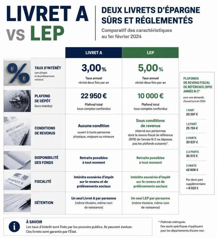 Infographie comparative Livret A et LEP : taux, plafonds et éligibilité
