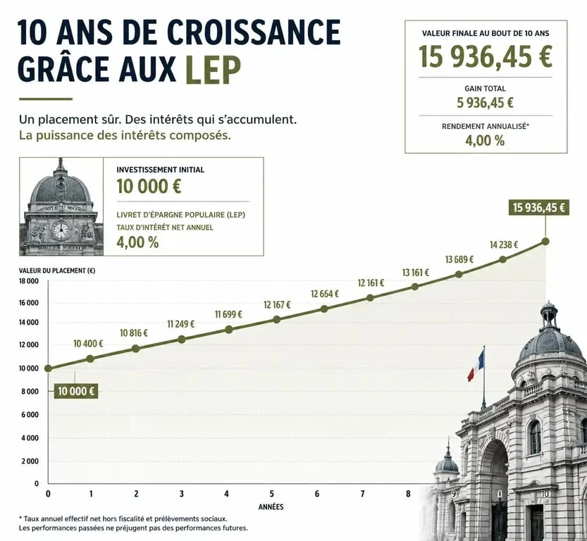 Graphique montrant l'évolution et le rendement d'un LEP plein sur 10 ans
