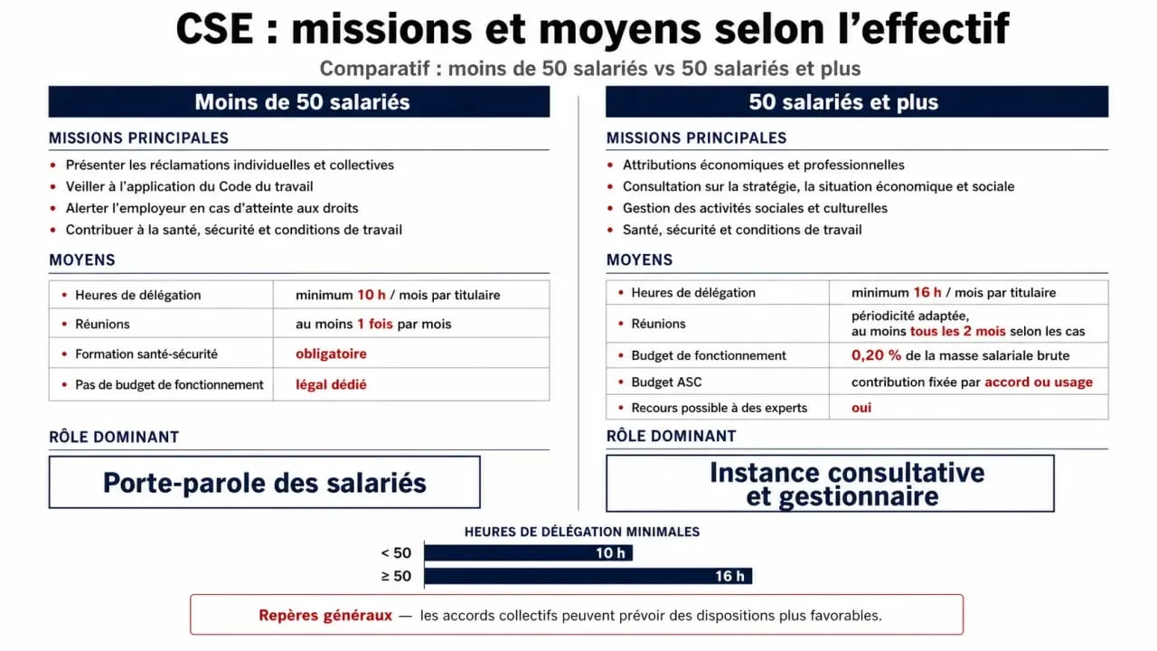 Tableau comparatif des moyens et missions du CSE selon l'effectif de l'entreprise pour une action efficace