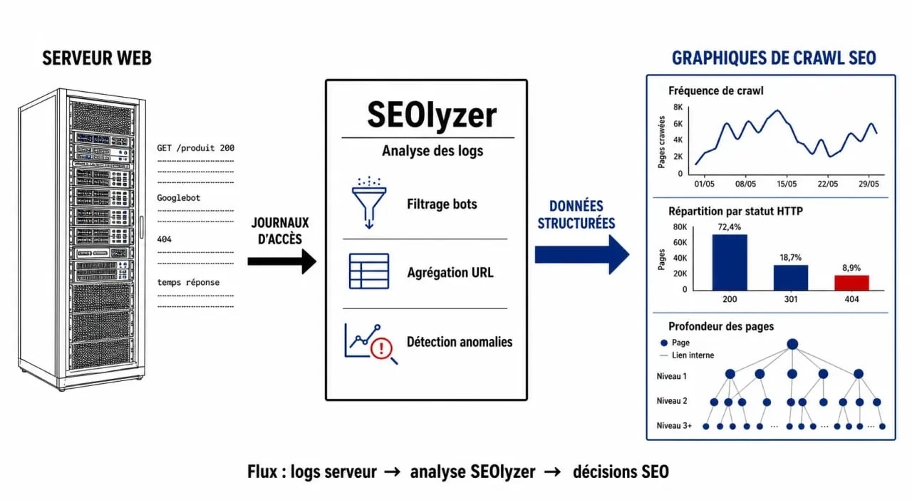 Schéma de fonctionnement de l'analyse de logs avec SEOlyzer pour le SEO