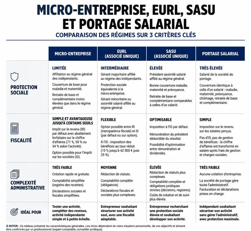 Tableau comparatif des statuts pour freelance : micro-entreprise, EURL, SASU et portage salarial