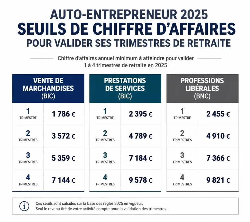 Tableau des seuils de chiffre d'affaires 2025 pour la validation des trimestres de retraite auto-entrepreneur