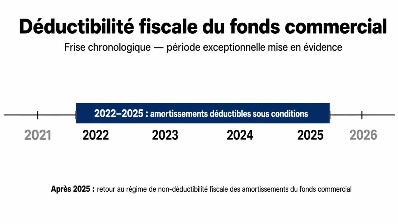 Frise chronologique de la déductibilité fiscale de l'amortissement du fonds commercial 2022-2025