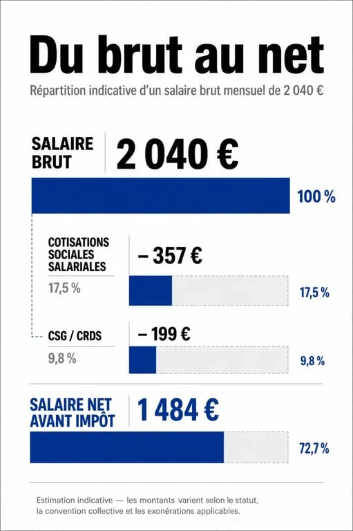 Infographie de la répartition d'un salaire de 2040 euros brut en net en France