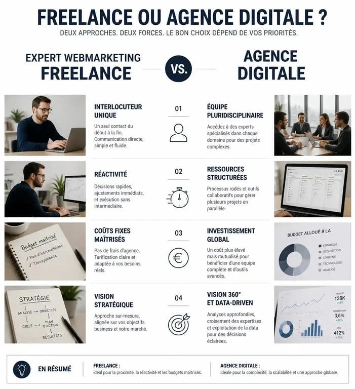 Comparatif entre un expert webmarketing freelance et une agence digitale pour choisir le meilleur partenaire pour votre stratégie digitale.