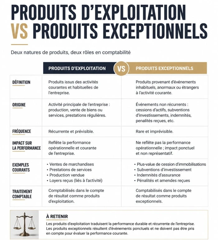 Schéma explicatif de la distinction entre produits d'exploitation et produits exceptionnels en comptabilité