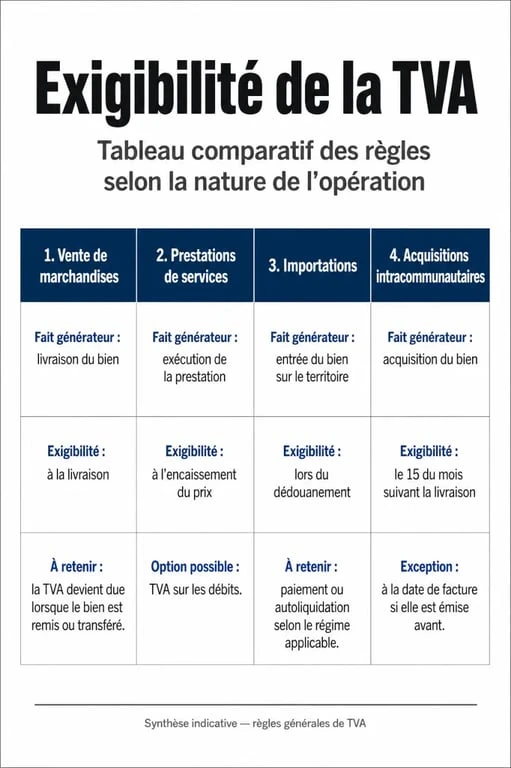 Tableau récapitulatif des règles d'exigibilité de la TVA selon le type d'opération fiscale