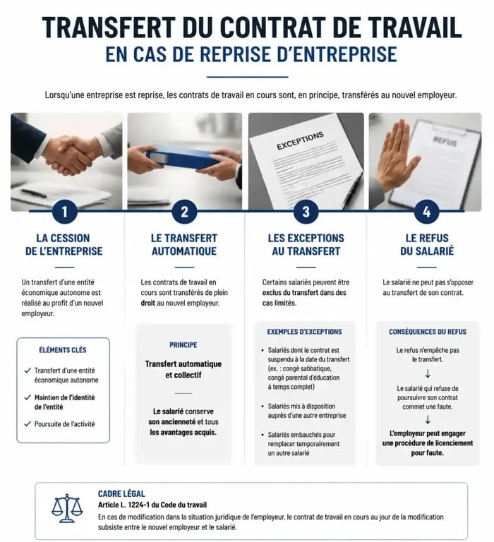 Infographie sur le transfert de contrat de travail lors d'une reprise d'entreprise et les droits des salariés