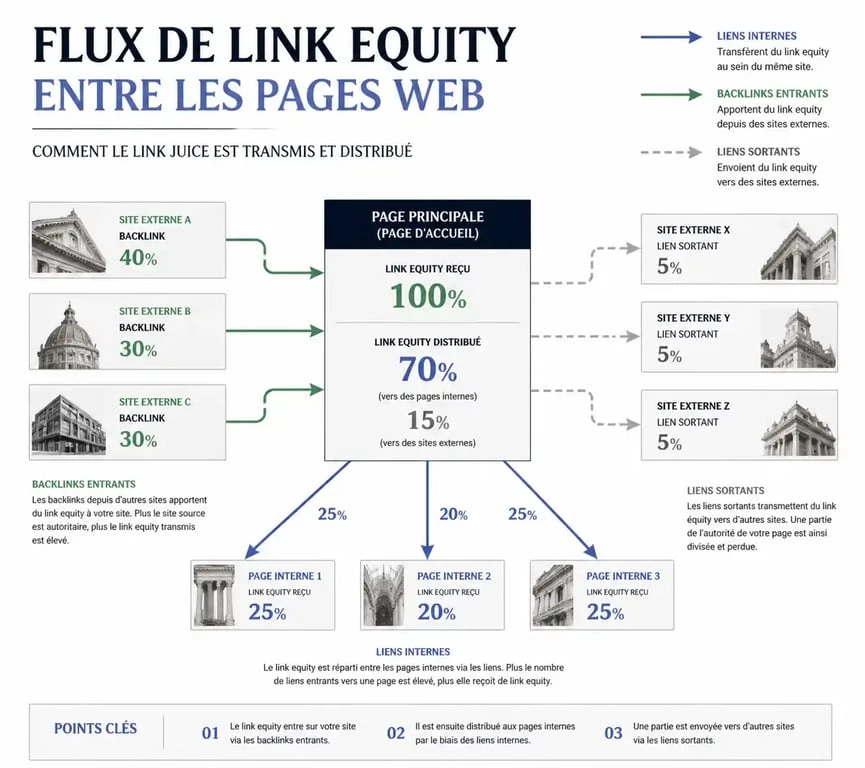 Infographie sur la structure des liens SEO et la distribution du jus de lien