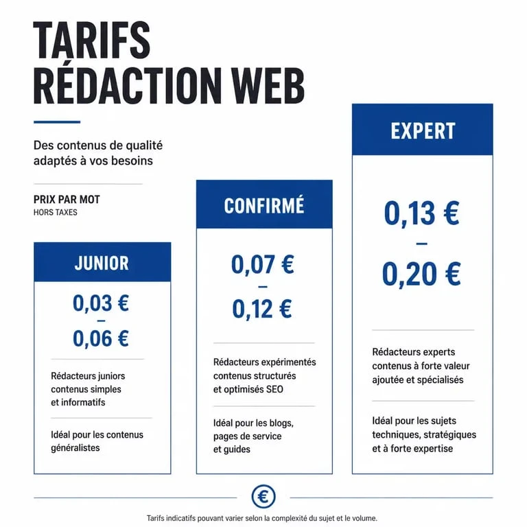 Infographie des tarifs moyens d'un rédacteur web selon l'expérience : junior, confirmé et expert.