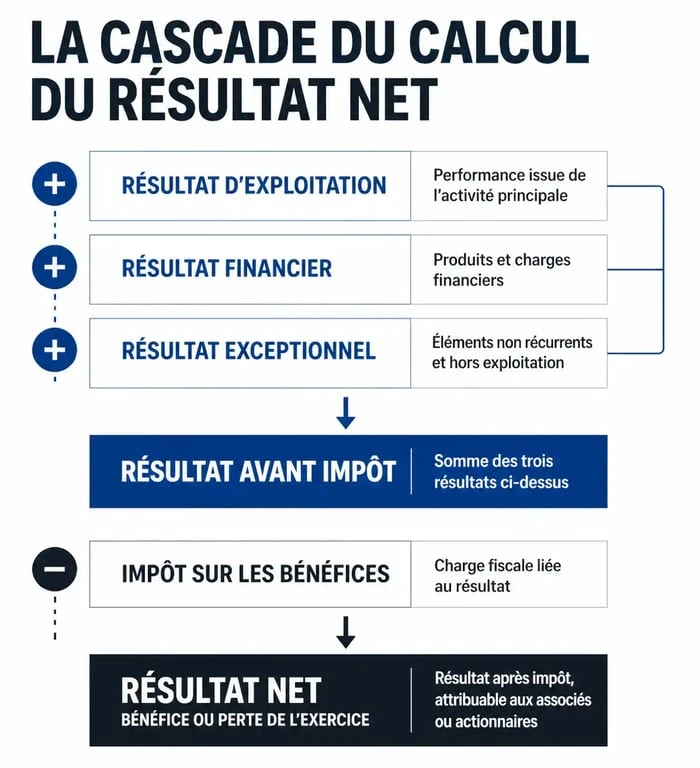 Schéma illustrant la formule et les étapes du calcul du résultat net en comptabilité