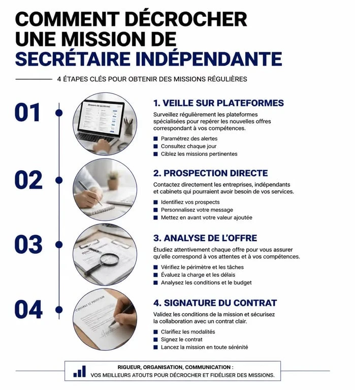 Infographie des étapes pour trouver une offre de mission de secrétaire indépendante
