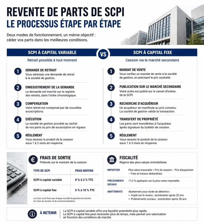 Infographie expliquant les étapes et les frais pour vendre ses parts de SCPI