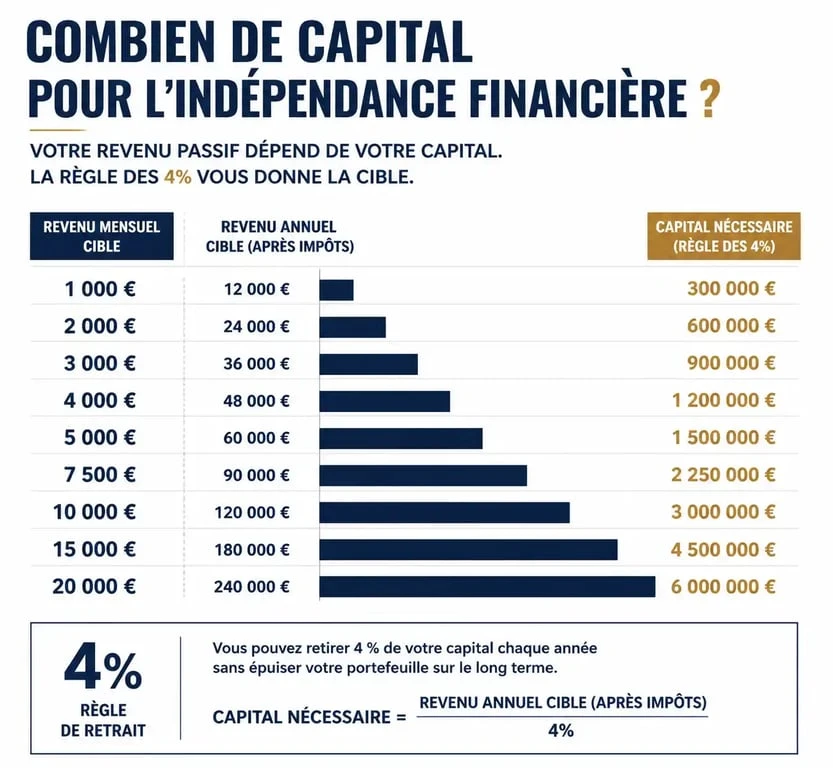 Infographie du capital nécessaire pour atteindre l'objectif rentier selon le revenu mensuel souhaité