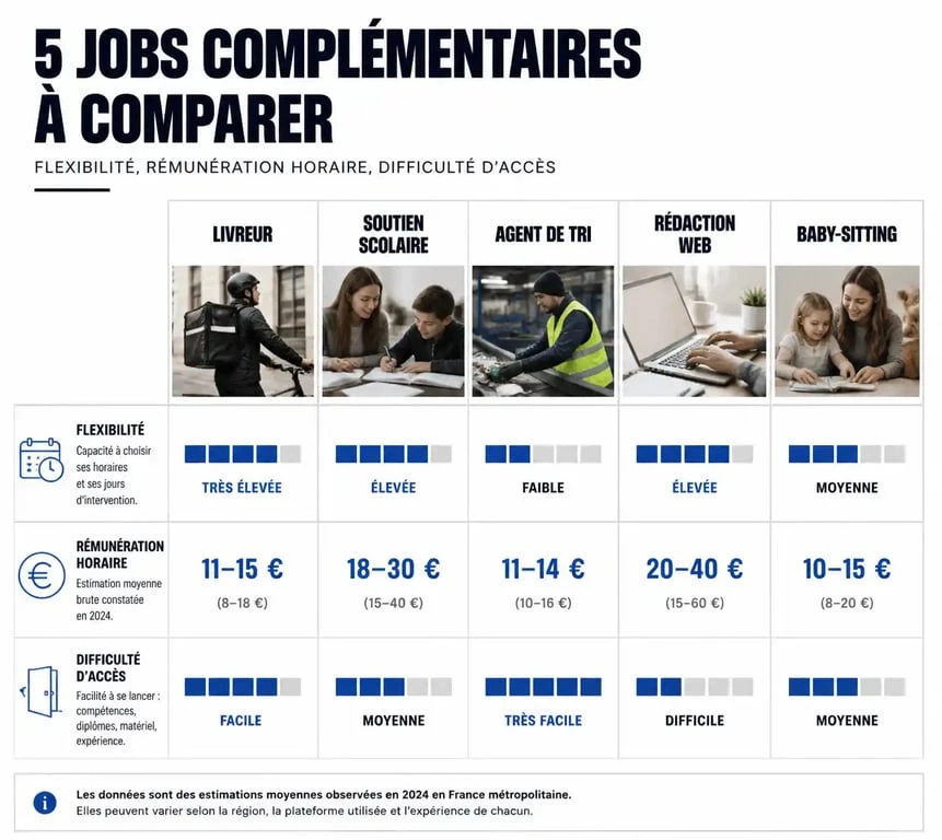 Infographie comparative des jobs pour un complément de salaire : flexibilité, rémunération et difficulté d'accès