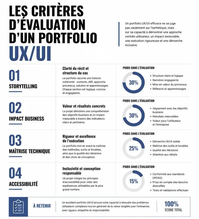Critères d'évaluation d'un portfolio UX/UI design en France : storytelling, impact business, technique et accessibilité.