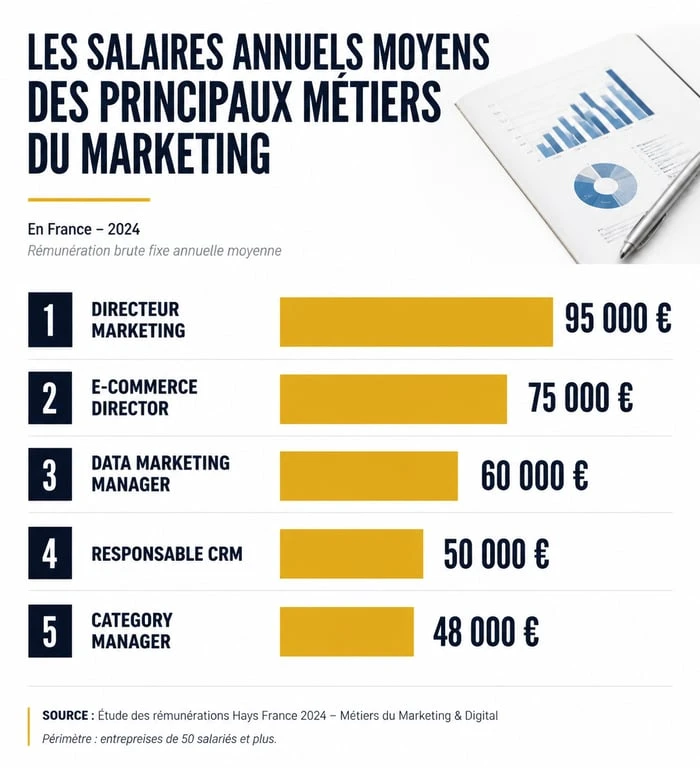 Infographie des salaires annuels moyens pour les métiers du marketing les mieux payés
