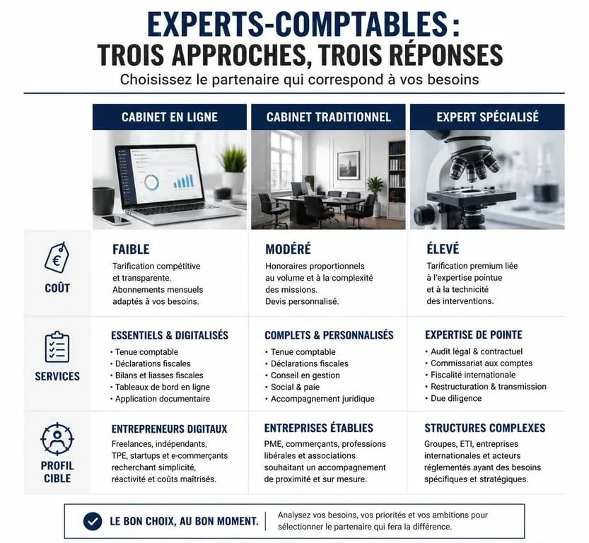 Comparatif des types d'expert-comptable pour SASU : cabinet en ligne, traditionnel et spécialisé
