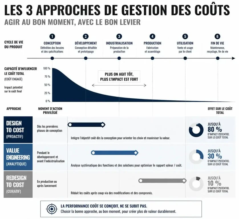 Comparaison des méthodes de gestion des coûts : Design to Cost, Value Engineering et Redesign to Cost pour l'optimisation industrielle.
