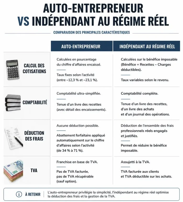 Infographie comparative entre le statut de travailleur indépendant et celui d'auto-entrepreneur pour choisir la meilleure structure juridique.