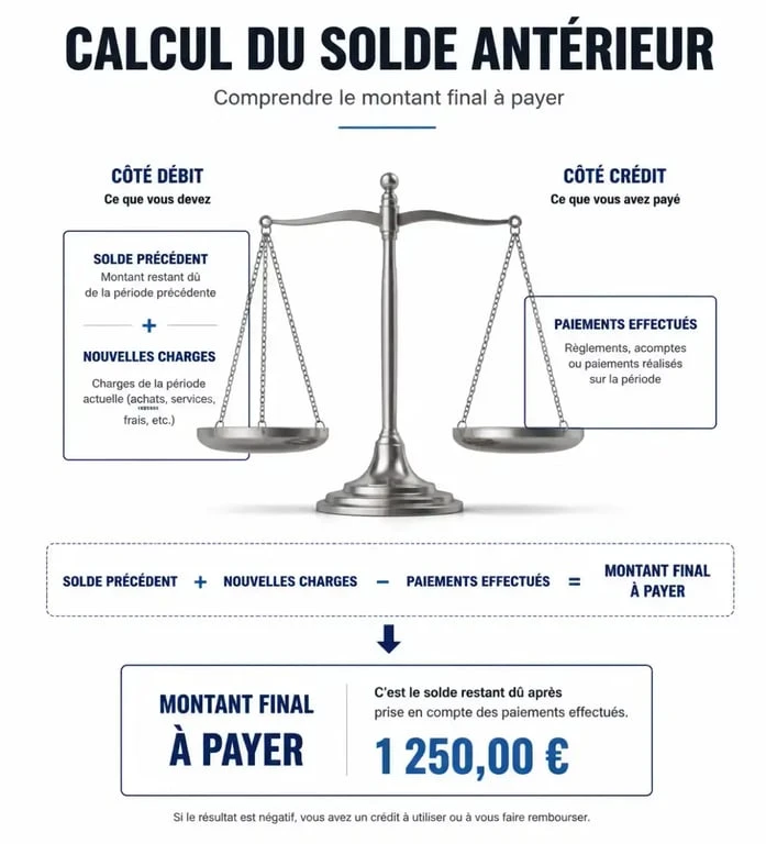 Schéma explicatif du calcul du solde antérieur sur une facture