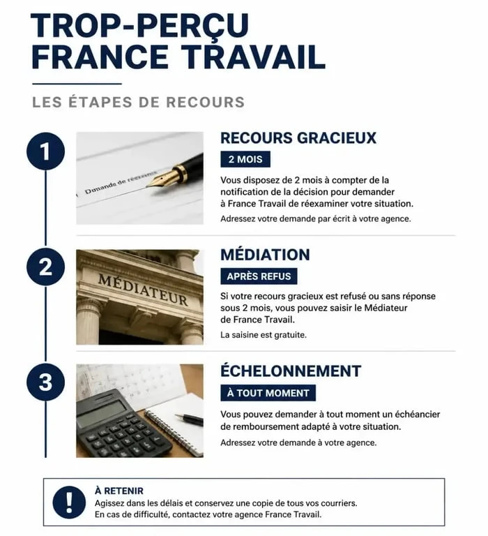 Infographie des étapes de recours pour un trop-perçu France Travail : recours gracieux, médiation et échelonnement