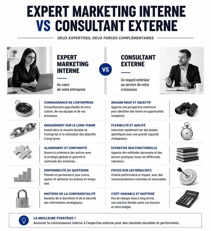 Tableau comparatif des avantages entre un expert marketing interne et un consultant externe pour une entreprise.