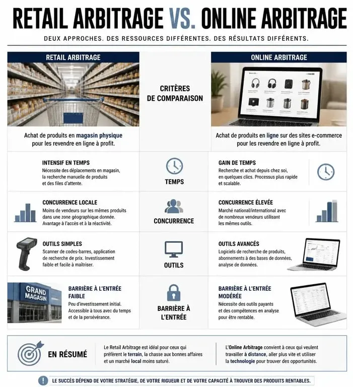 Infographie comparative entre Retail Arbitrage et Online Arbitrage pour réussir sur Amazon