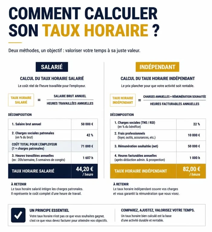 Infographie expliquant comment calculer son taux horaire pour salarié et indépendant