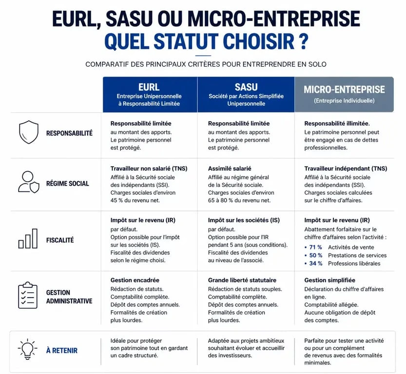 Tableau comparatif des statuts juridiques EURL, SASU et Micro-entreprise pour les entrepreneurs
