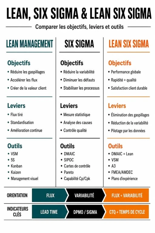 Infographie comparative des approches Lean Management, Six Sigma et Lean Six Sigma pour l'excellence opérationnelle