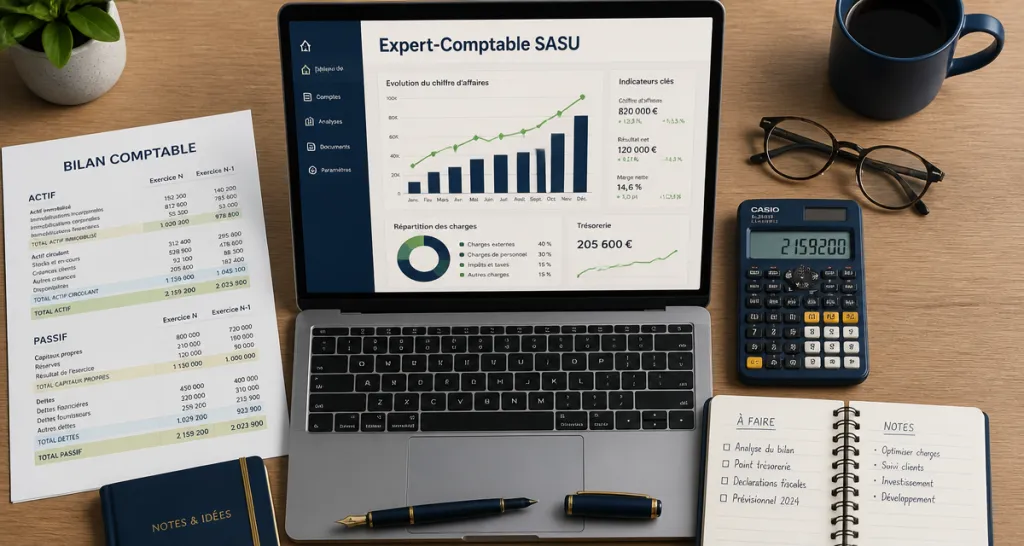bureau expert comptable sasu avec bilan et ordinateur
