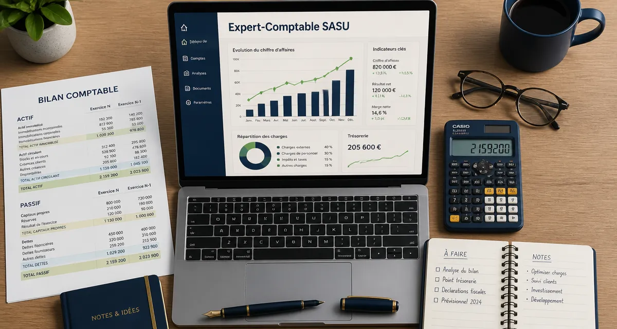 bureau expert comptable sasu avec bilan et ordinateur