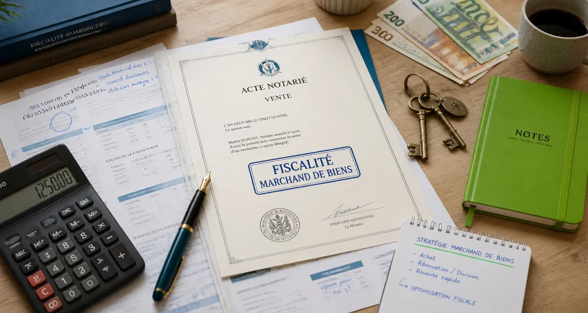marchand de bien fiscalité documents et calculatrice