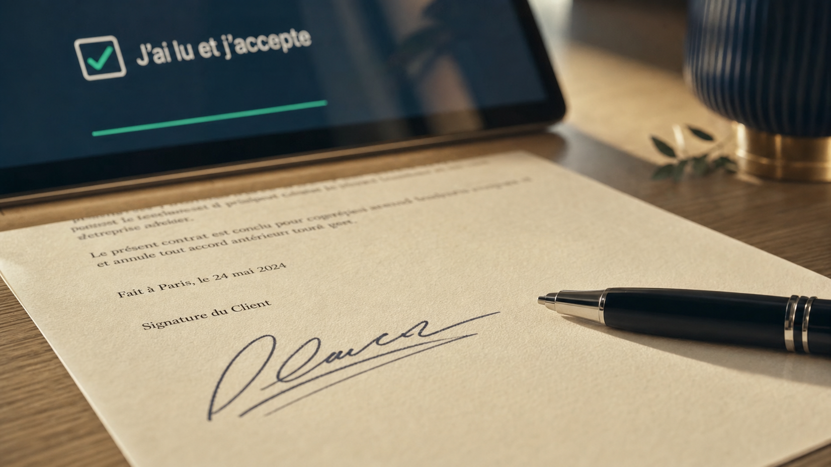 Signature precedee de la mention lu et approuve sur contrat, case acceptation