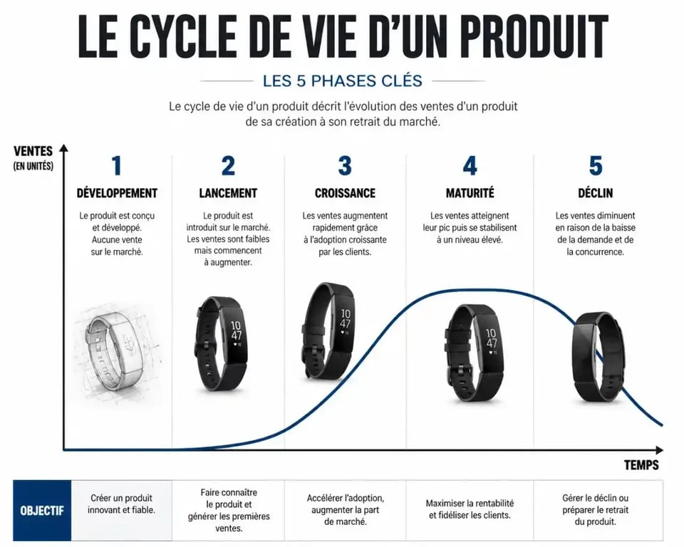 Schéma du cycle de vie d'un produit avec ses 5 phases clés