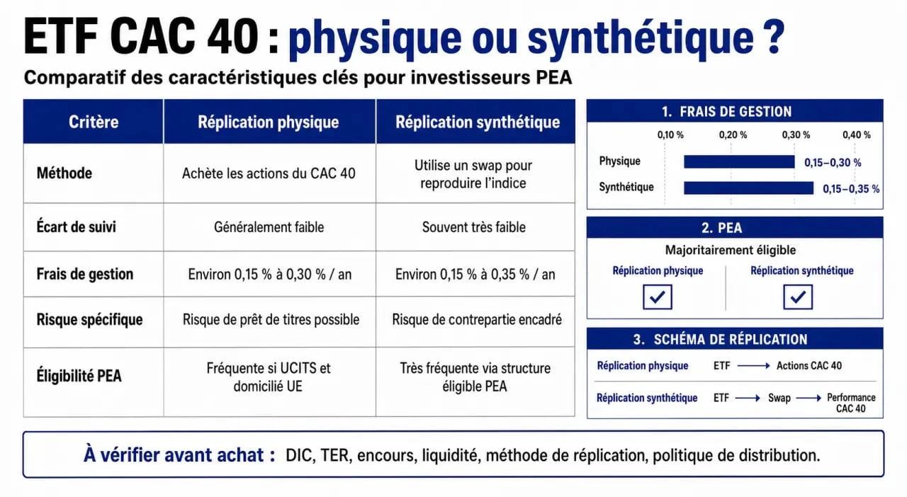 Comparatif des caractéristiques des meilleurs ETF CAC 40 : frais, réplication et éligibilité PEA