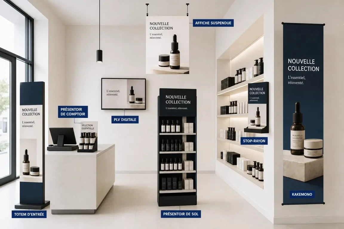 Exemple de PLV avec plusieurs supports en magasin : présentoir de comptoir, présentoir de sol, stop-rayon, kakemono, totem et PLV digitale