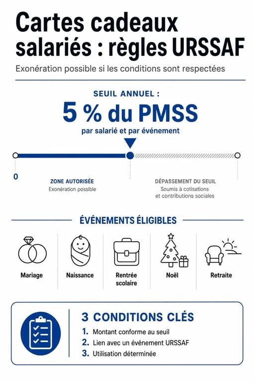 Infographie récapitulative des règles URSSAF et des plafonds pour les cartes cadeaux salariés
