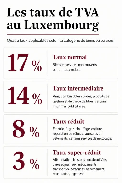 Infographie des taux de TVA au Luxembourg : normal, intermédiaire, réduit et super-réduit.