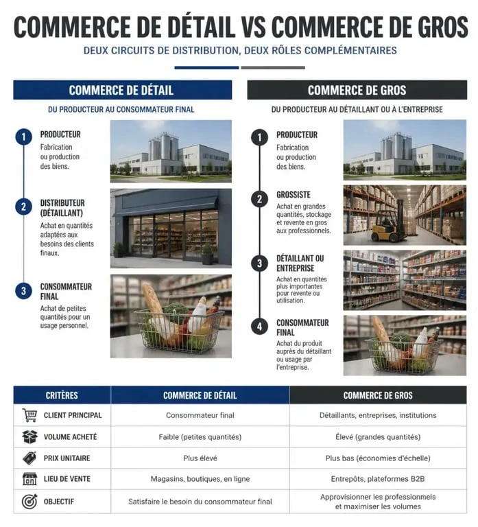 Infographie comparative expliquant les différences entre le commerce de détail et le commerce de gros