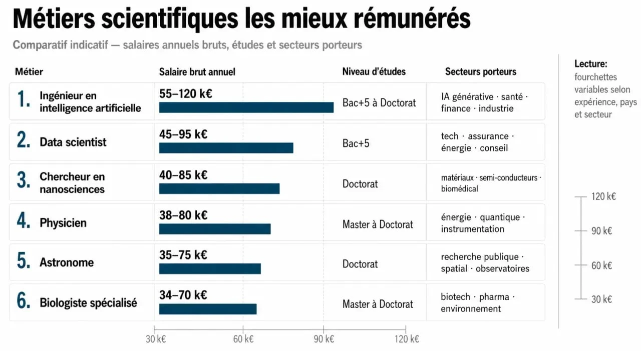 Métier scientifique bien payé : infographie éditoriale comparant les salaires, les formations et les secteurs des métiers scientifiques les mieux rémunérés