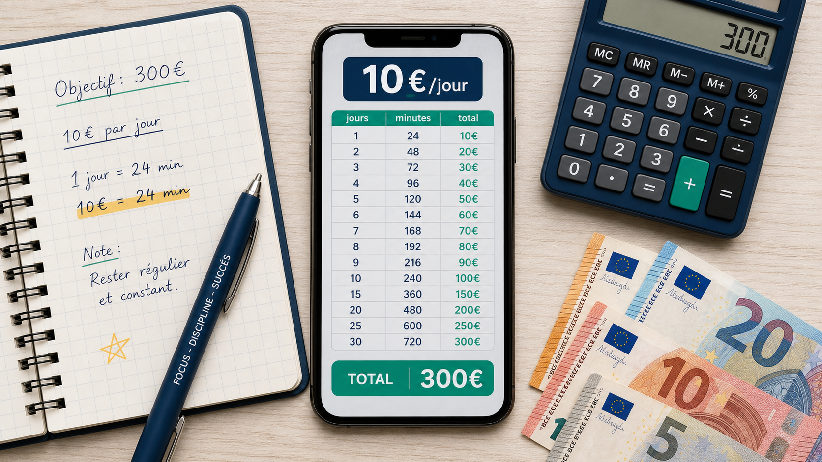 Gagner 10 euros par jour : tableau 30 à 60 minutes