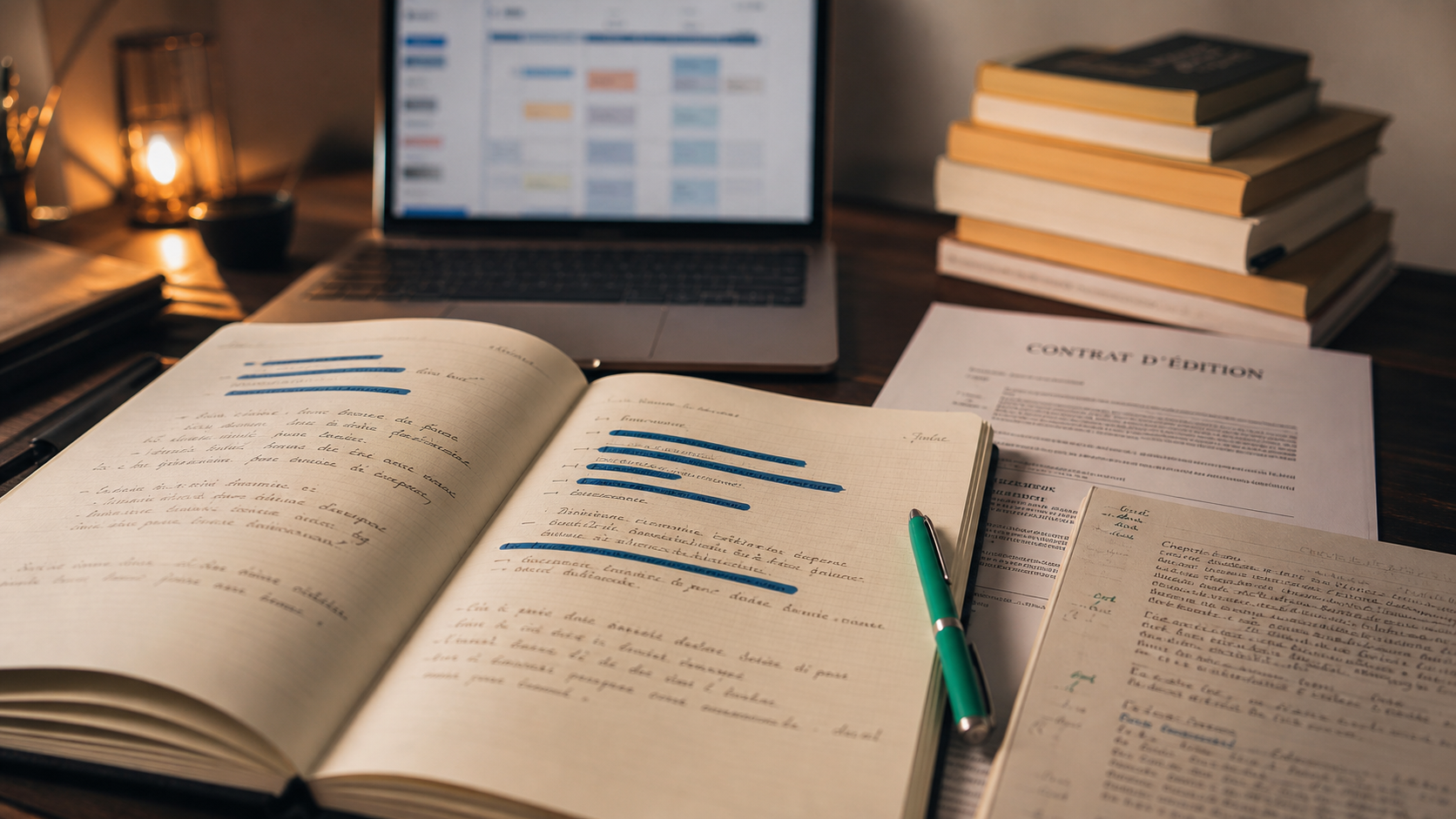 Metier litteraire qui paye bien : édition et rédaction sur un bureau avec manuscrit annoté