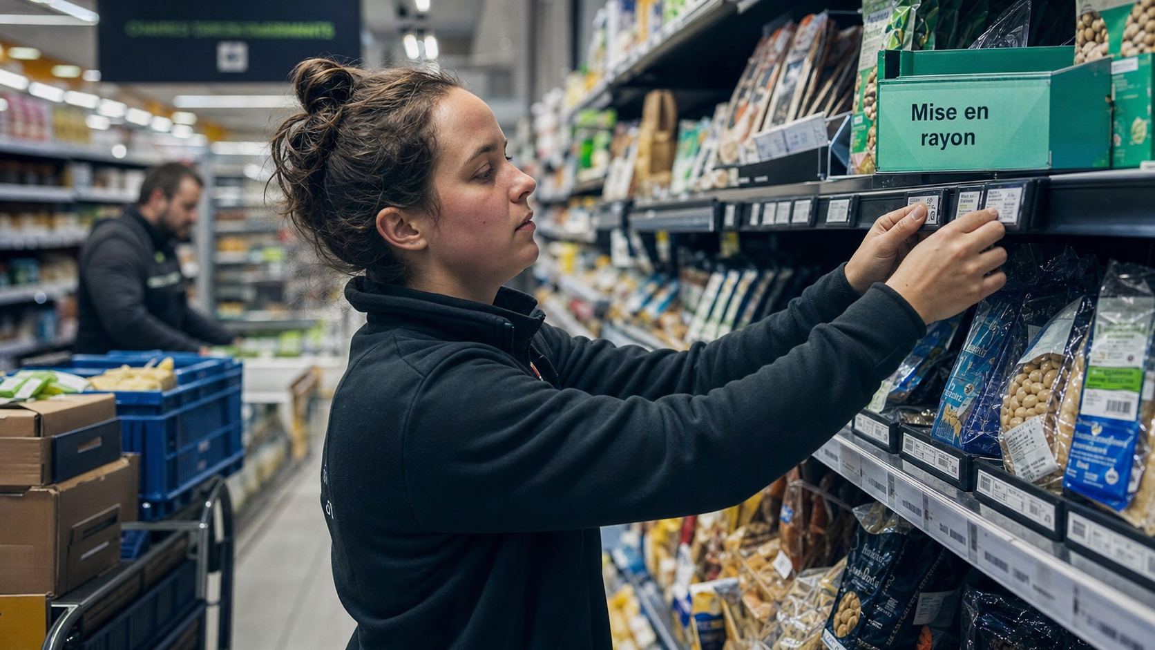 Mise en rayon métier en magasin : employée ajuste les produits
